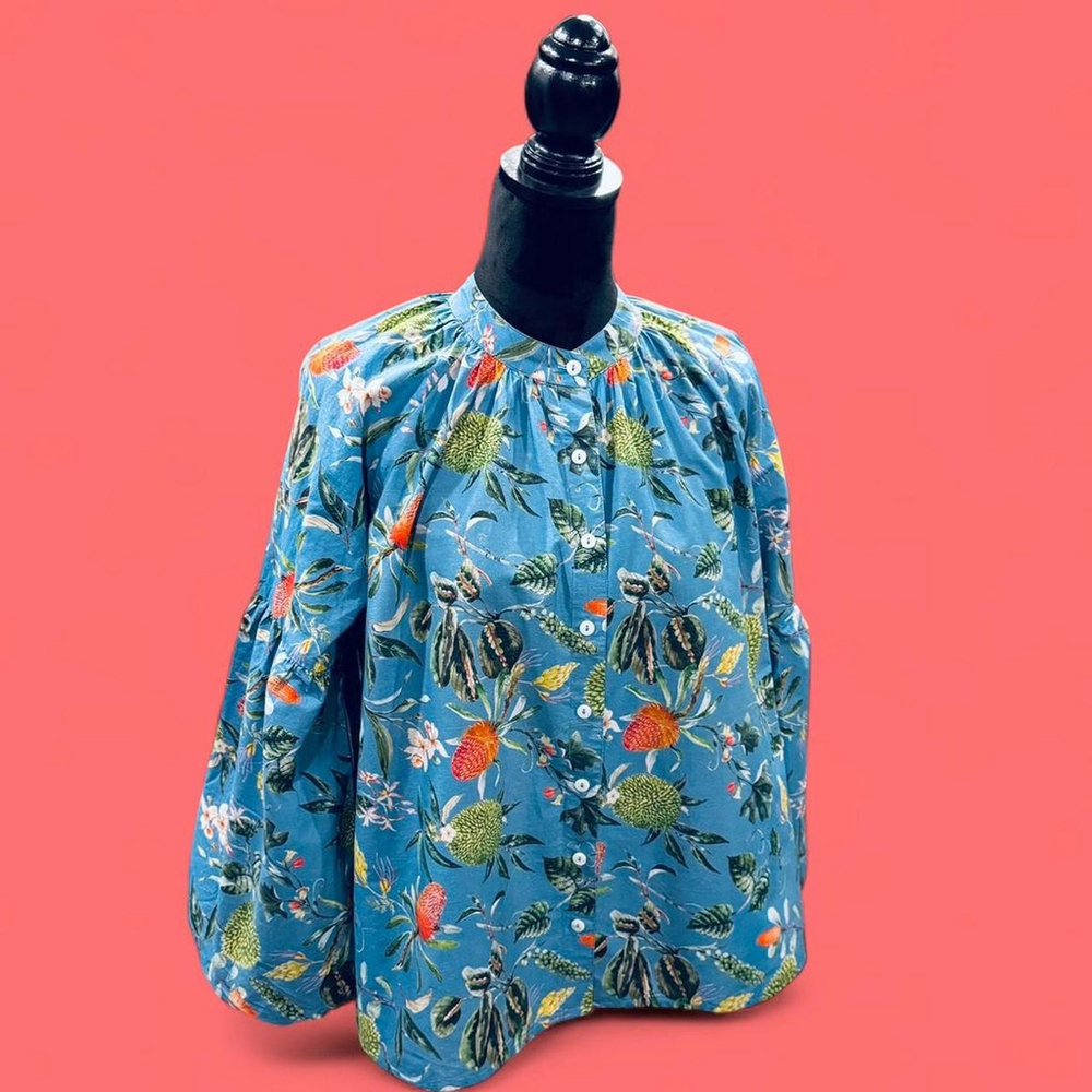 Blue Floral Button-Front Blouse